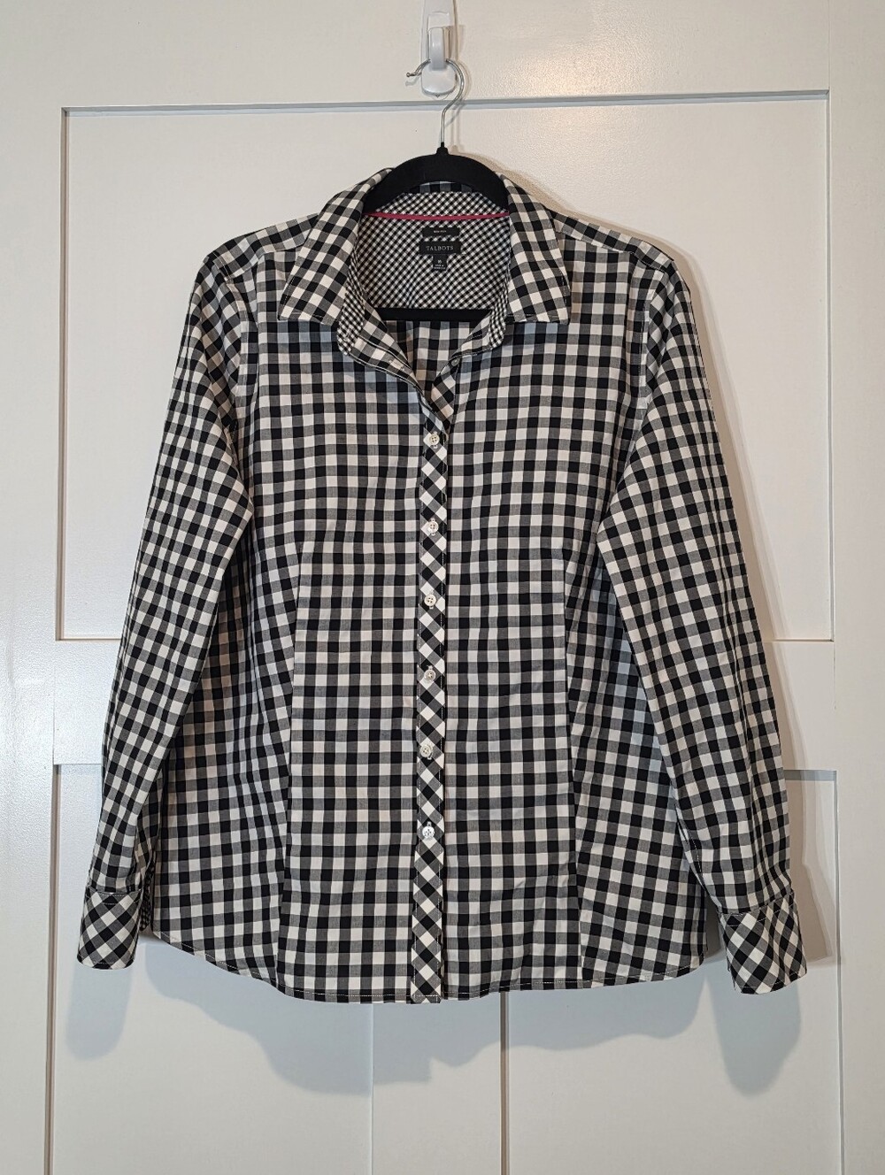 Talbots No Iron Black & White Gingham Button Down Up Shirt Cotton Stretch Sz 16